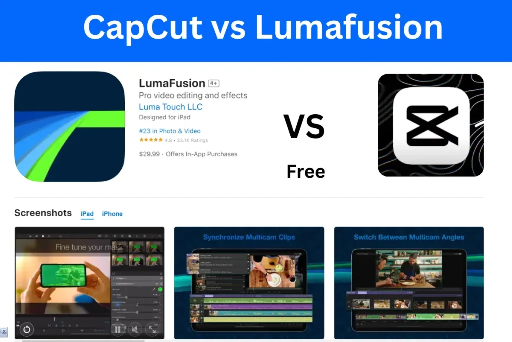 Comparing CapCut vs Lumafusion with visual way in 2024 banner with capcut logo 
